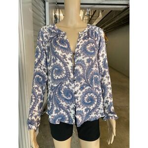 LUCKY BRAND Women's Paisley Button Down Blouse Top Bohemian Blue Cream
